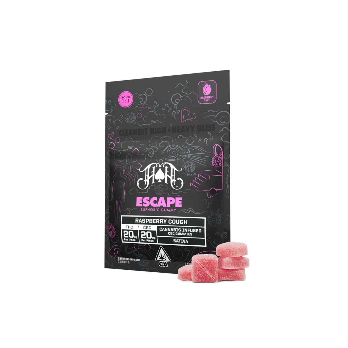 Heavy Hitters: 100mg THC/ 100mg CBC Gummy Pack: Escape Bliss: Raspberry Cough [S]