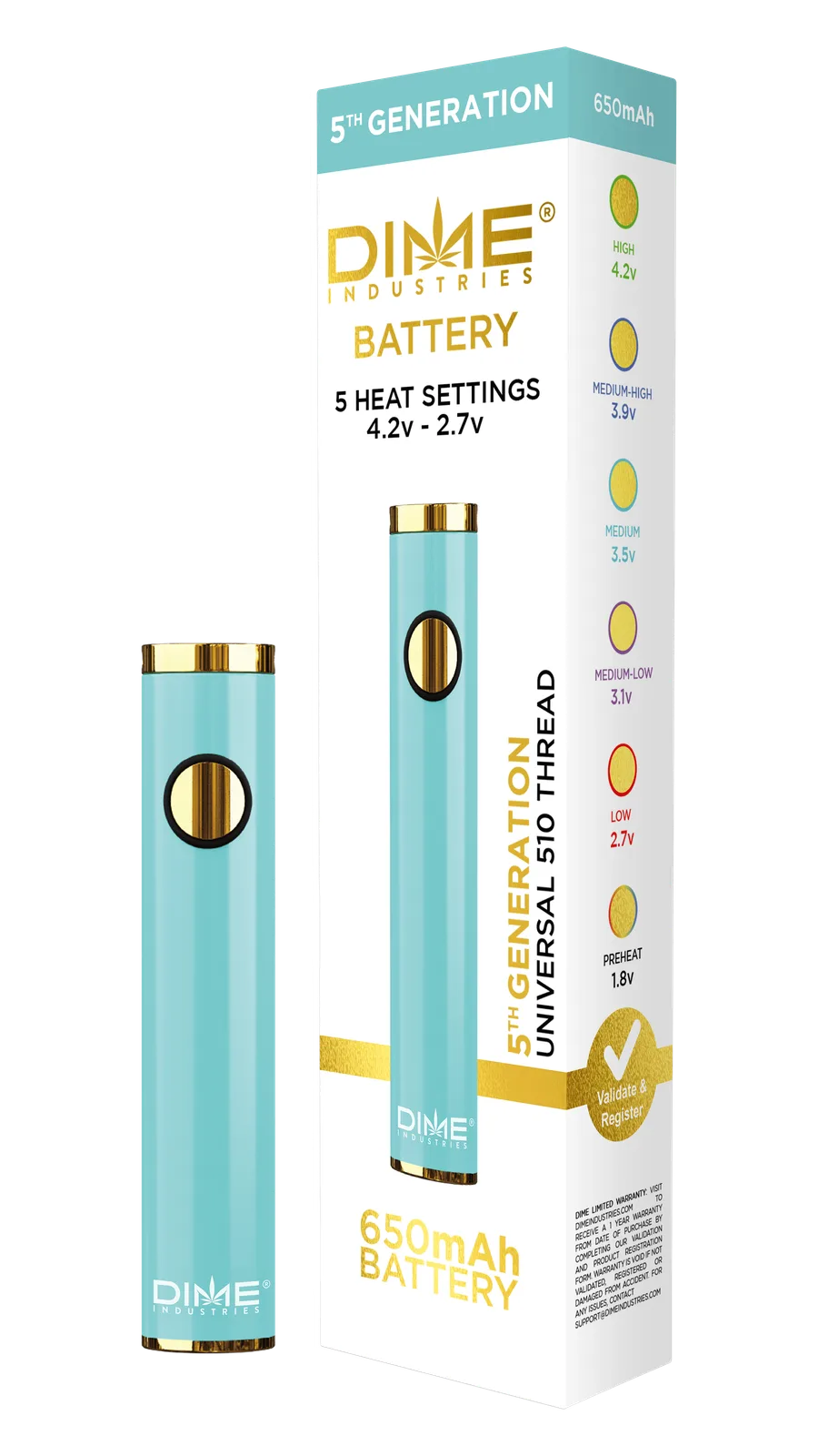 Dime Industries 5th Generation 510 Thread Battery - Aqua Blue (2023)