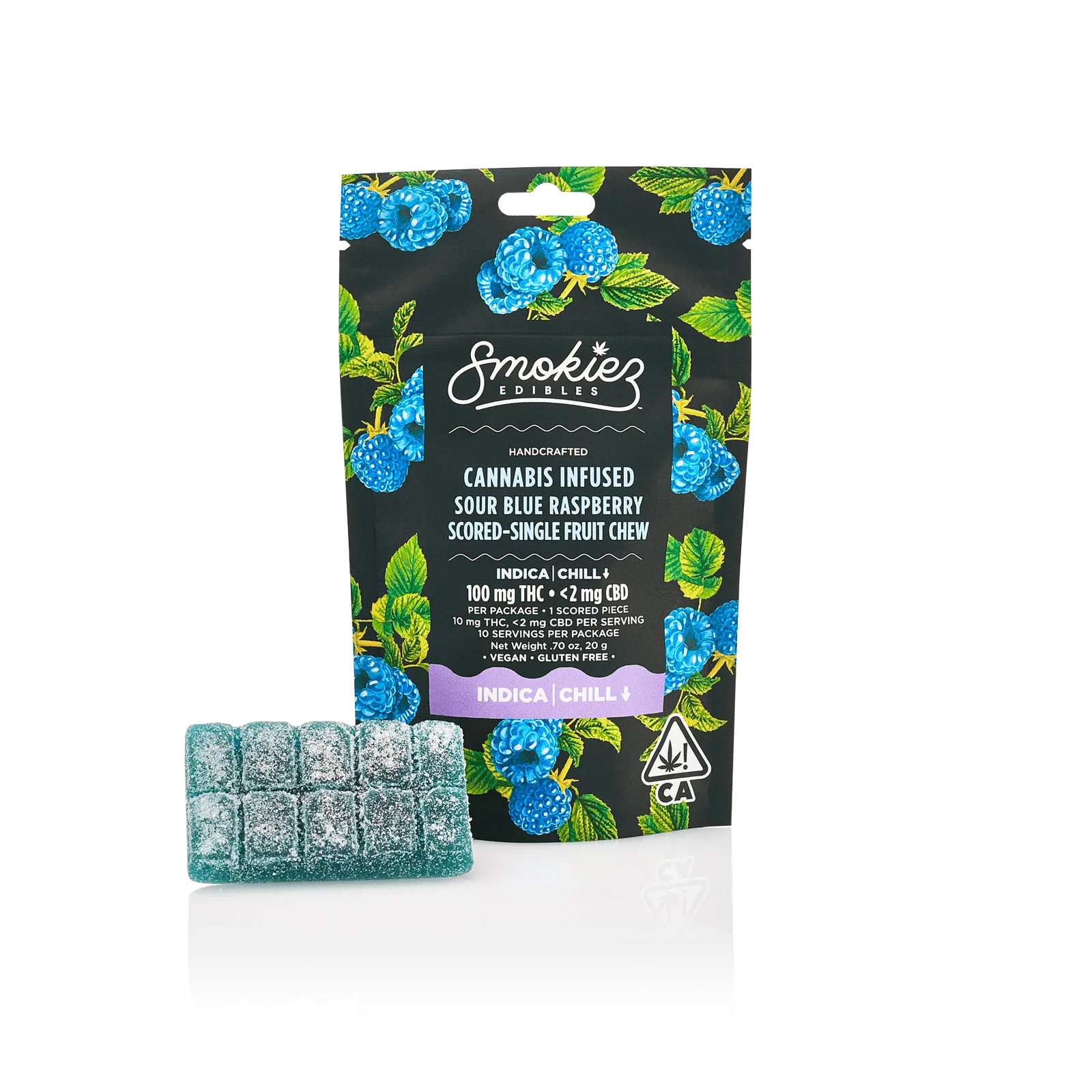 Indica Sour Blue Raspberry 100mg THC Fruit Chews - Scored Single Piece - CA