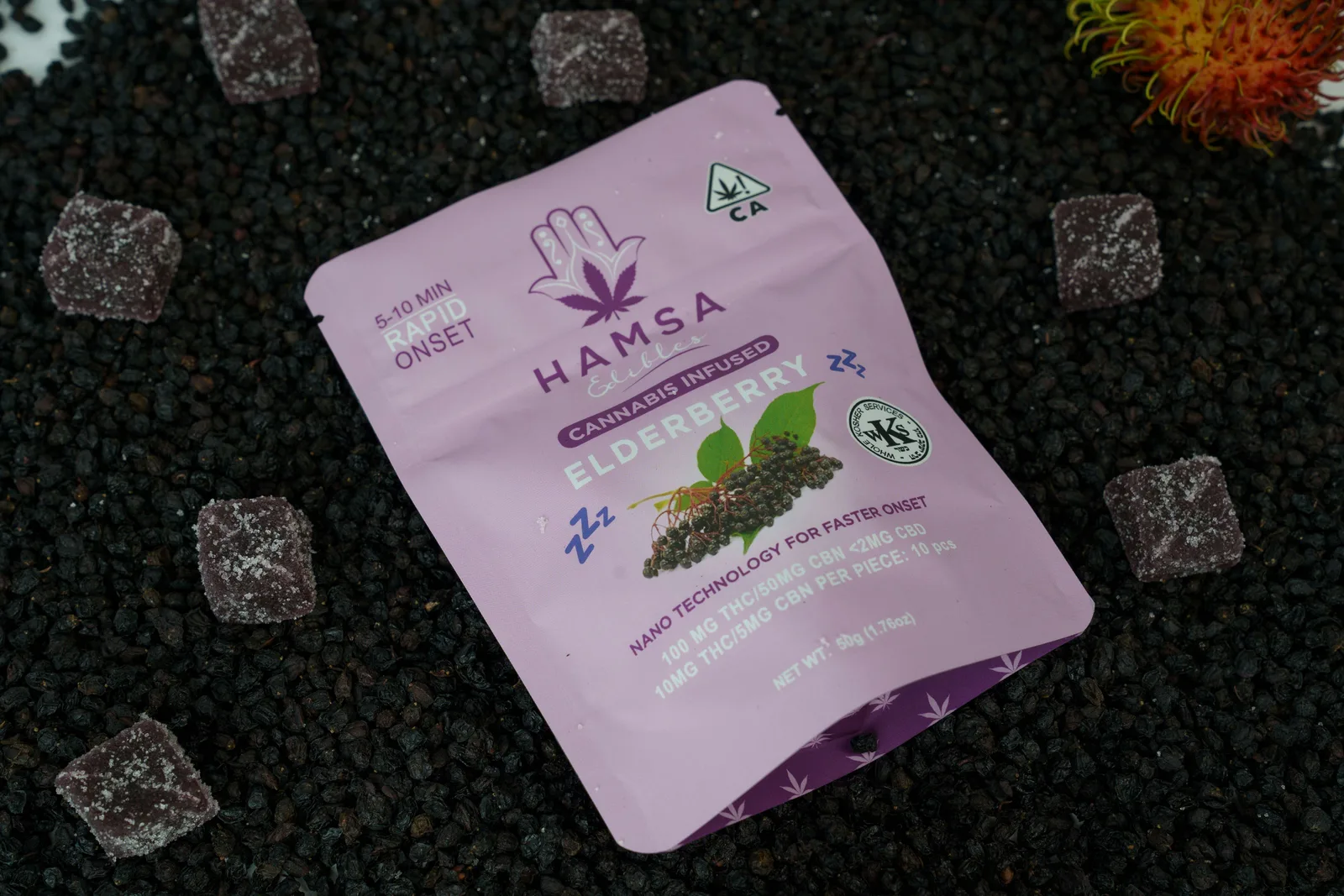 Hamsa 100mg THC/CBN For Sleep - Certified Kosher Nano Gummies - Elderberry