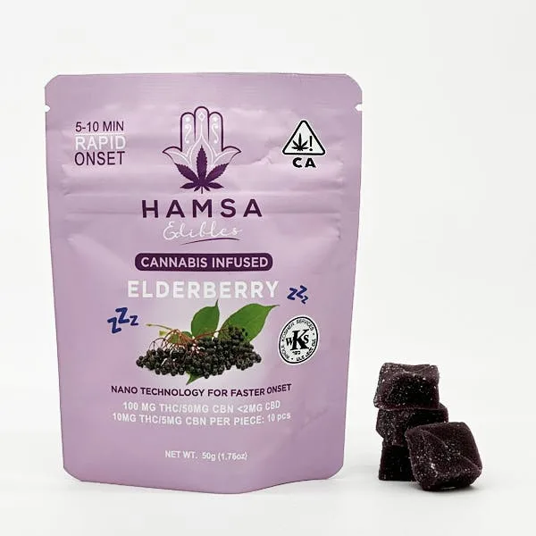 Hamsa 100mg THC/CBN For Sleep - Certified Kosher Nano Gummies - Elderberry
