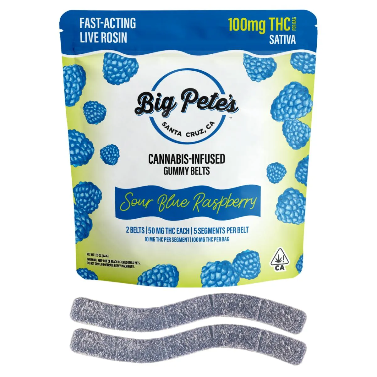 Sour Blue Raspberry Fast-Acting Rosin Gummy Belts - 100mg THC 2pk (Sativa)