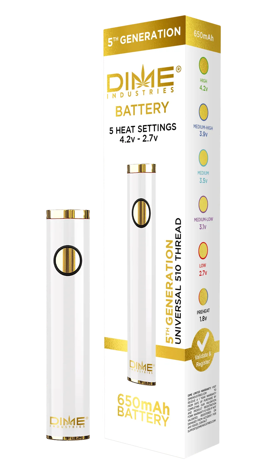 Dime Industries 5th Generation 510 Thread Battery - White (2023)