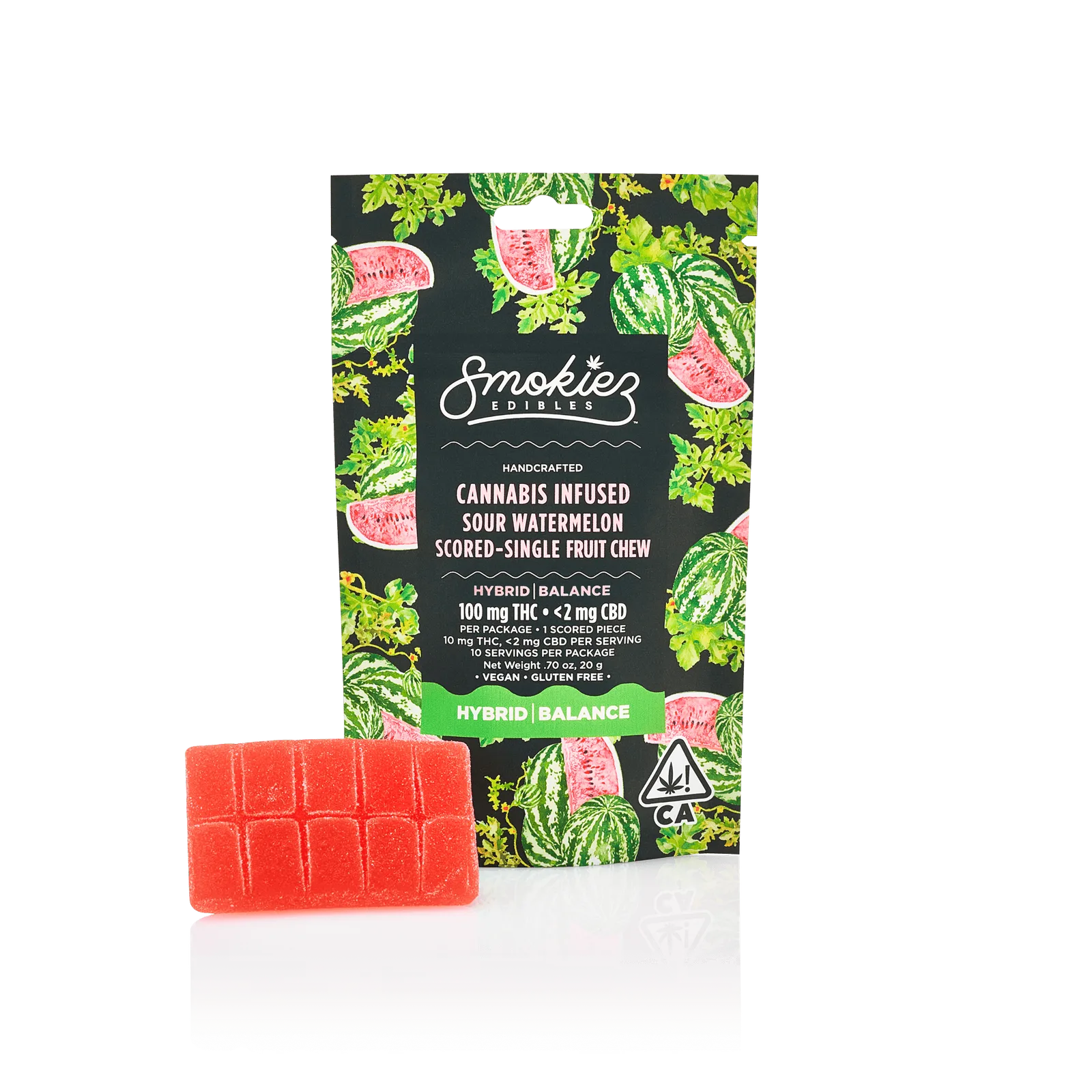 Hybrid Sour Watermelon 100mg THC Fruit Chews - Scored Single Piece - CA