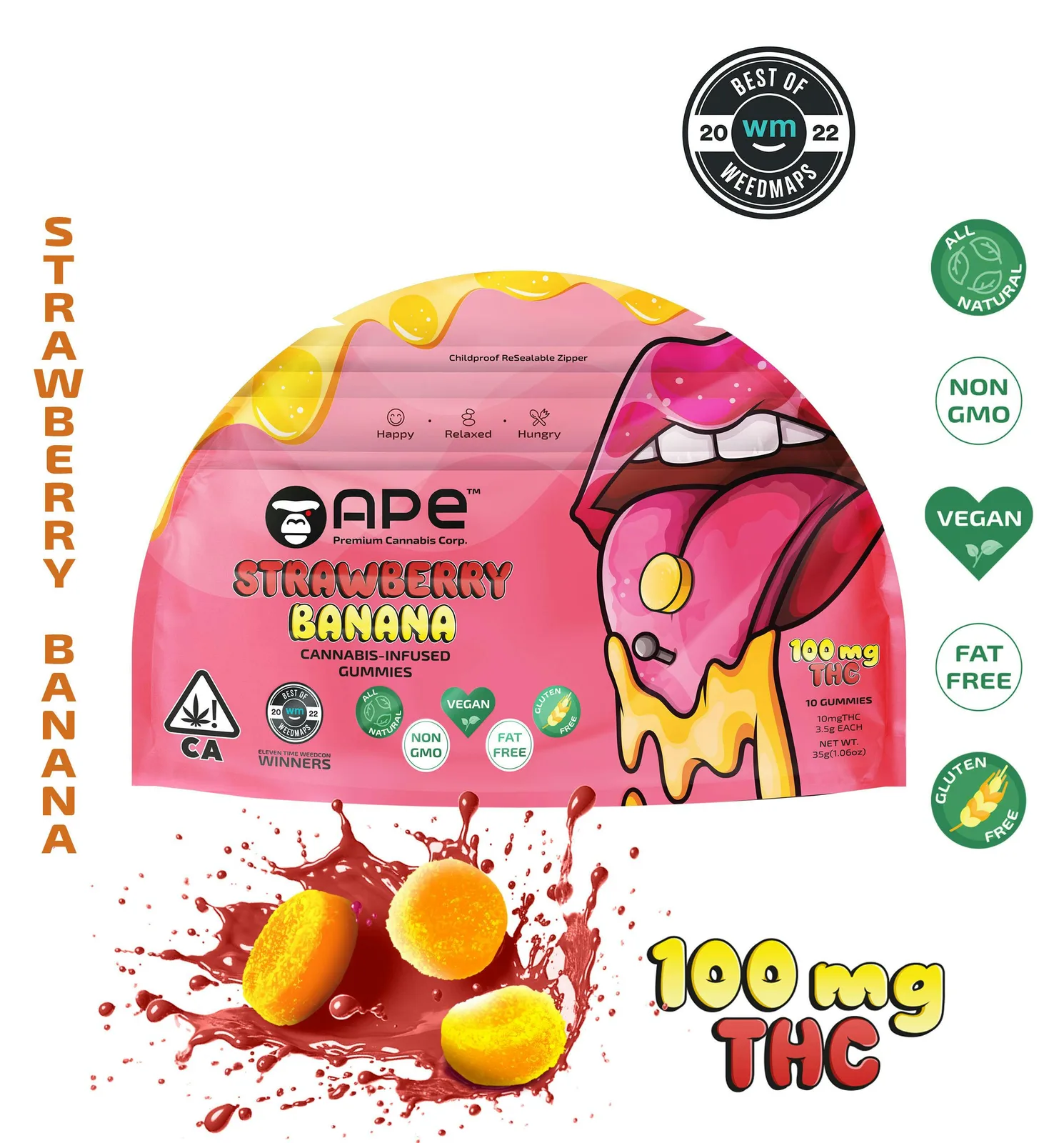Strawberry & Banana Edibles — 100MG THC Gummies (NET WT 35g | 3.5g each)