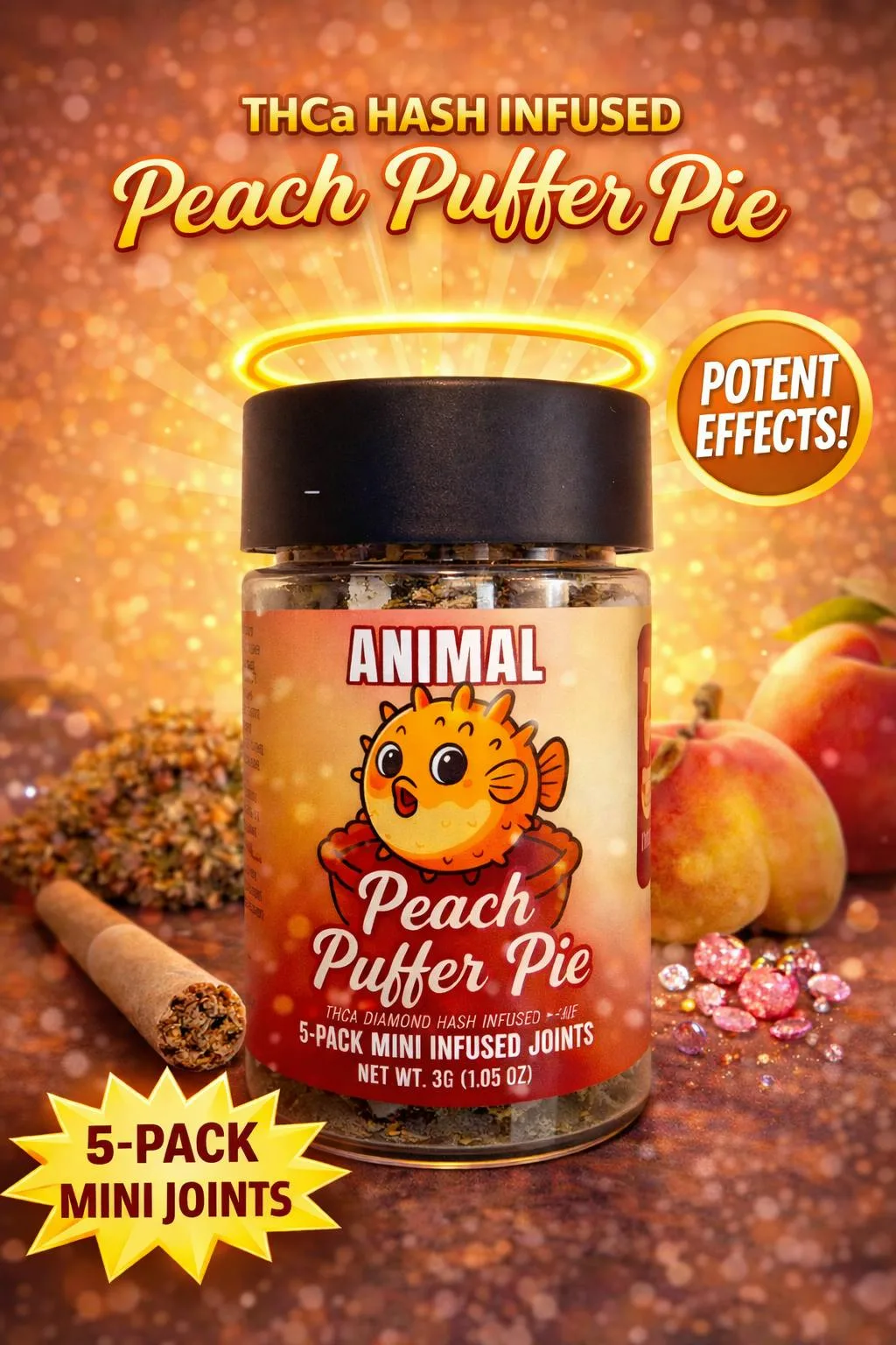 Peach Puffer Pie - HASH Infused THCa Diamond + Kief 5pk (3G) Mini Joints
