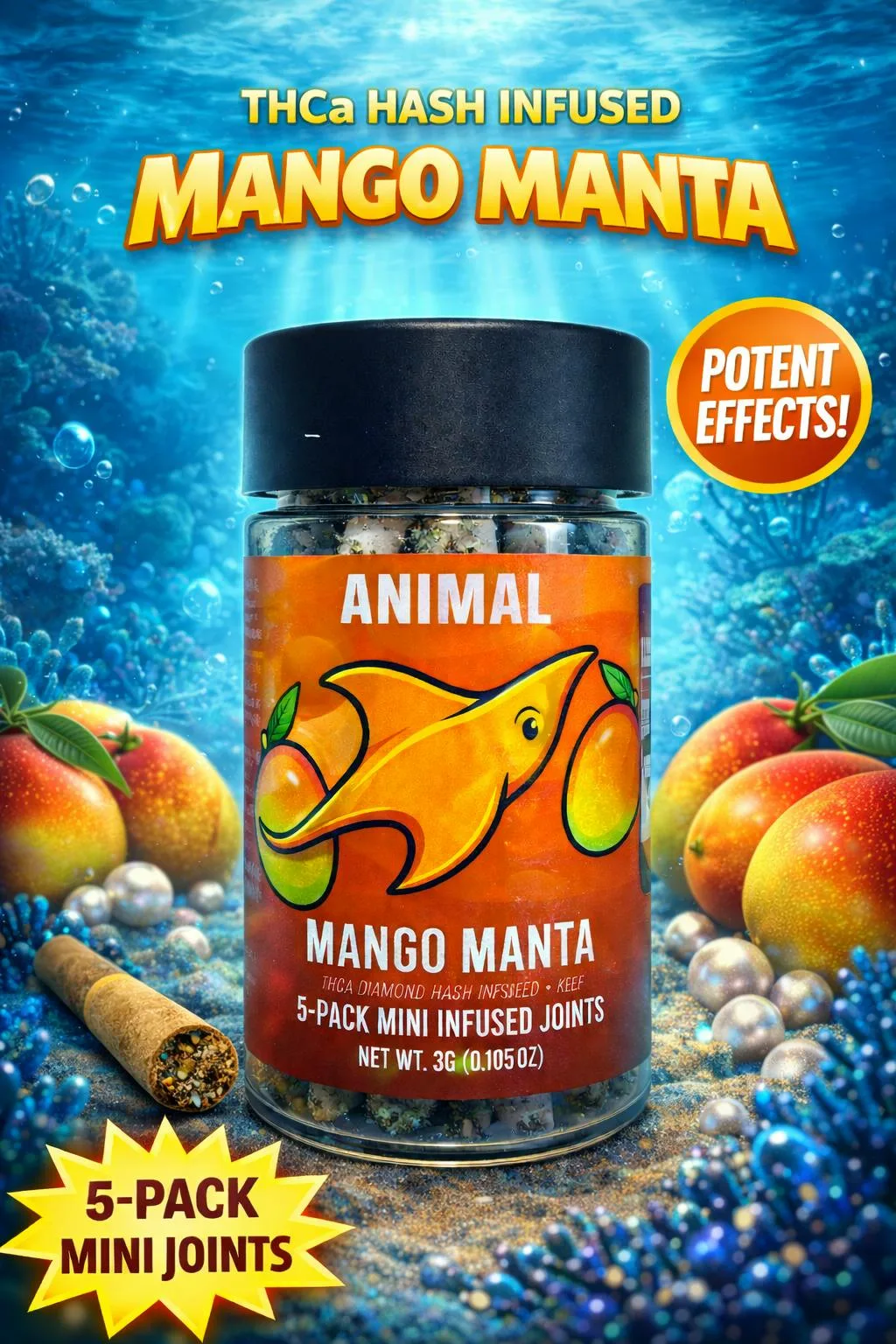 Mango Manta - HASH Infused THCa Diamond + Kief 5pk (3G) Mini Joints
