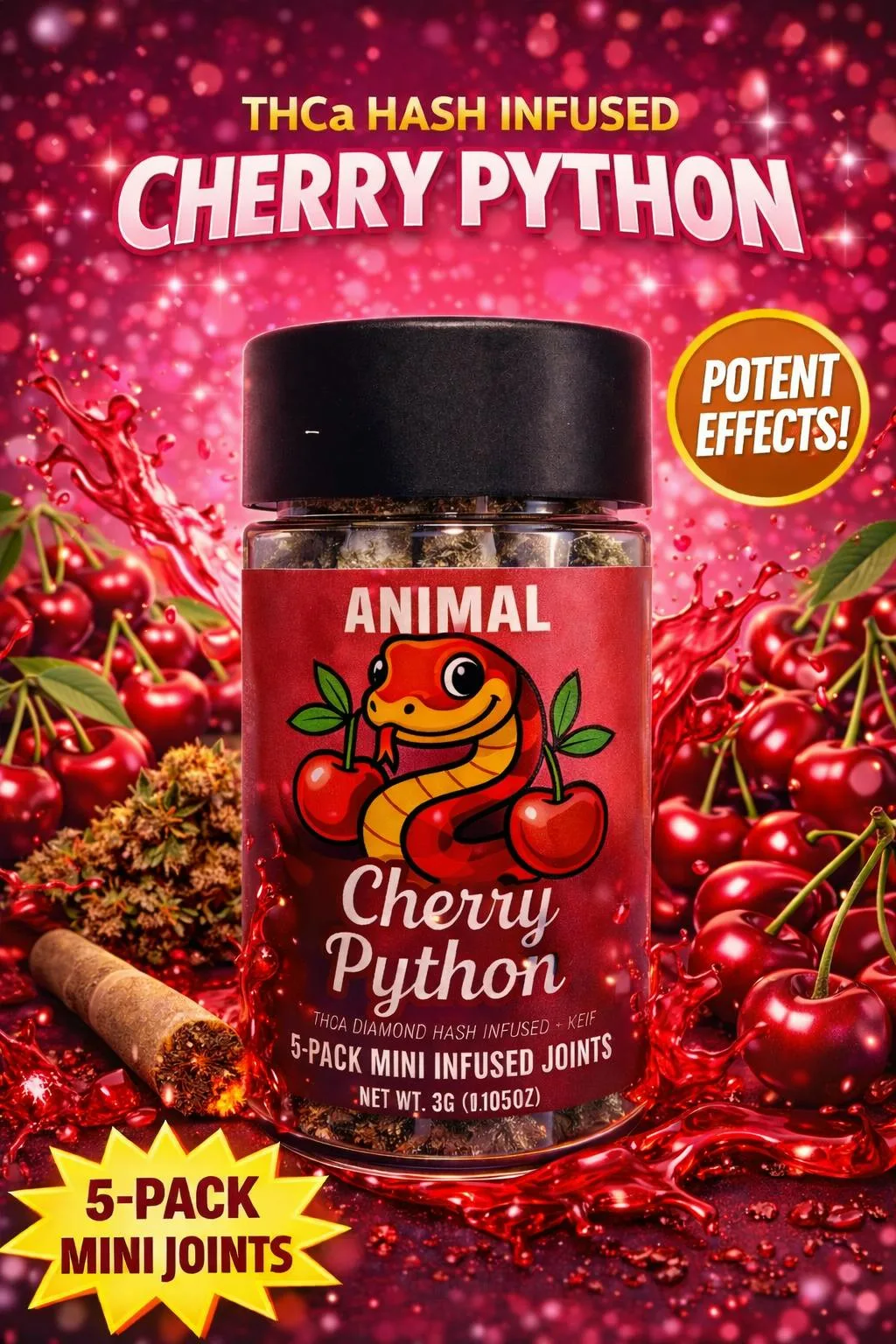 Cherry Python - HASH Infused THCa Diamond + Kief 5pk (3G) Mini Joints