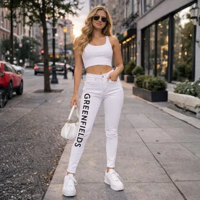 White Stretch Jeans - Black Logo | Small