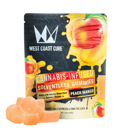 Peach Mango Flavored Solventless Gummies - 10x 10mg/gummy