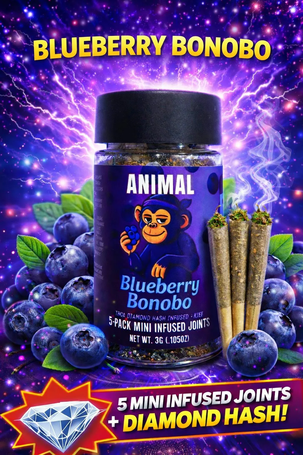 Blueberry Bonobo - HASH Infused THCa Diamond + Kief 5pk (3G) Mini Joints