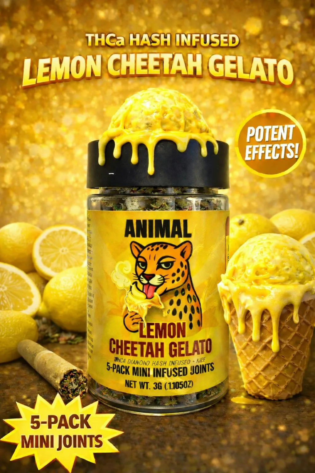 Lemon Cheetah Gelato -HASH Infused THCa Diamond + Kief 5pk (3G) Mini Joints