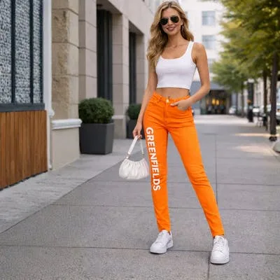 Orange Stretch Jeans - White Logo | Small