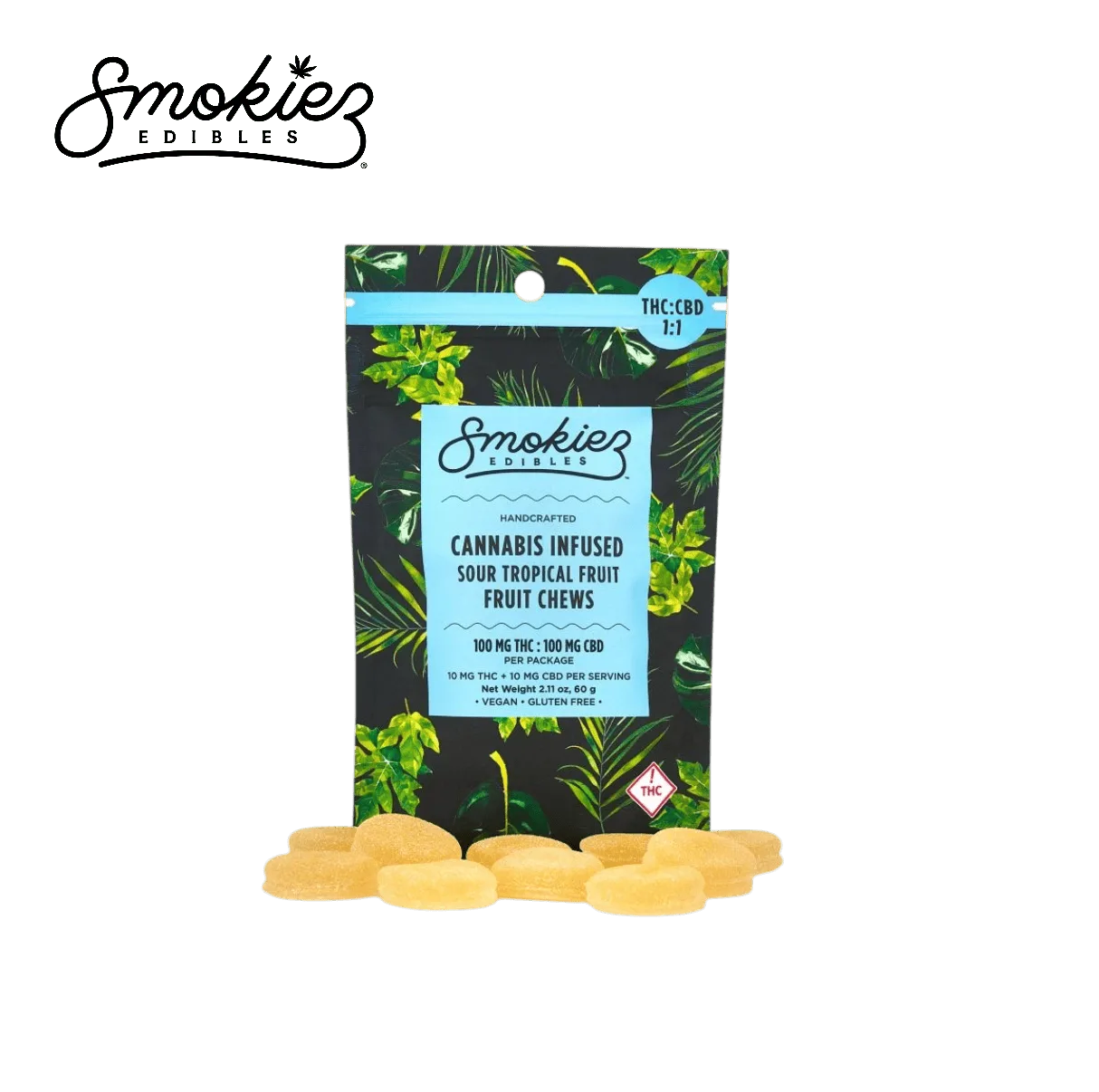 SOUR TROPICAL FRUIT 1:1 THC:CBD 100MG 10 PACK FRUIT CHEWS