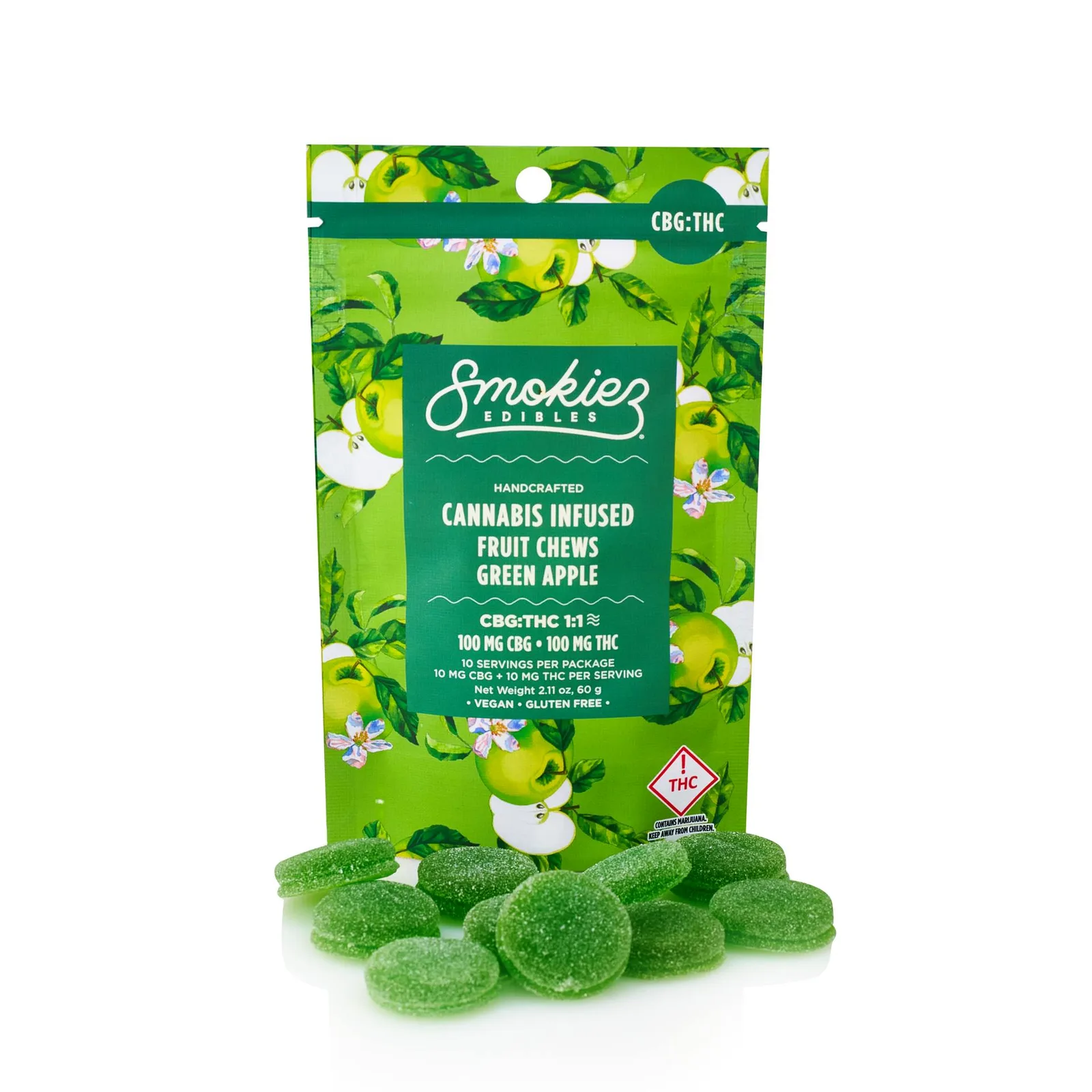 Smokiez Green Apple 100mg CBG : 100mg THC 1:1 Fruit Chews - OH