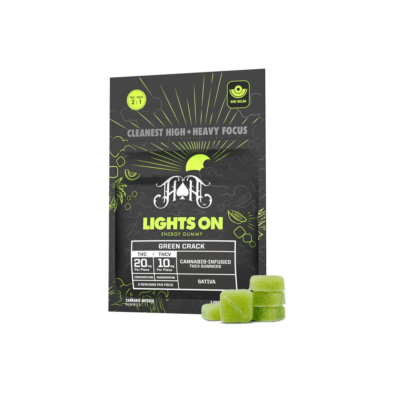 Green Crack | Sativa - Lights On Energy Gummies - 100mg THC | 50mg THCV