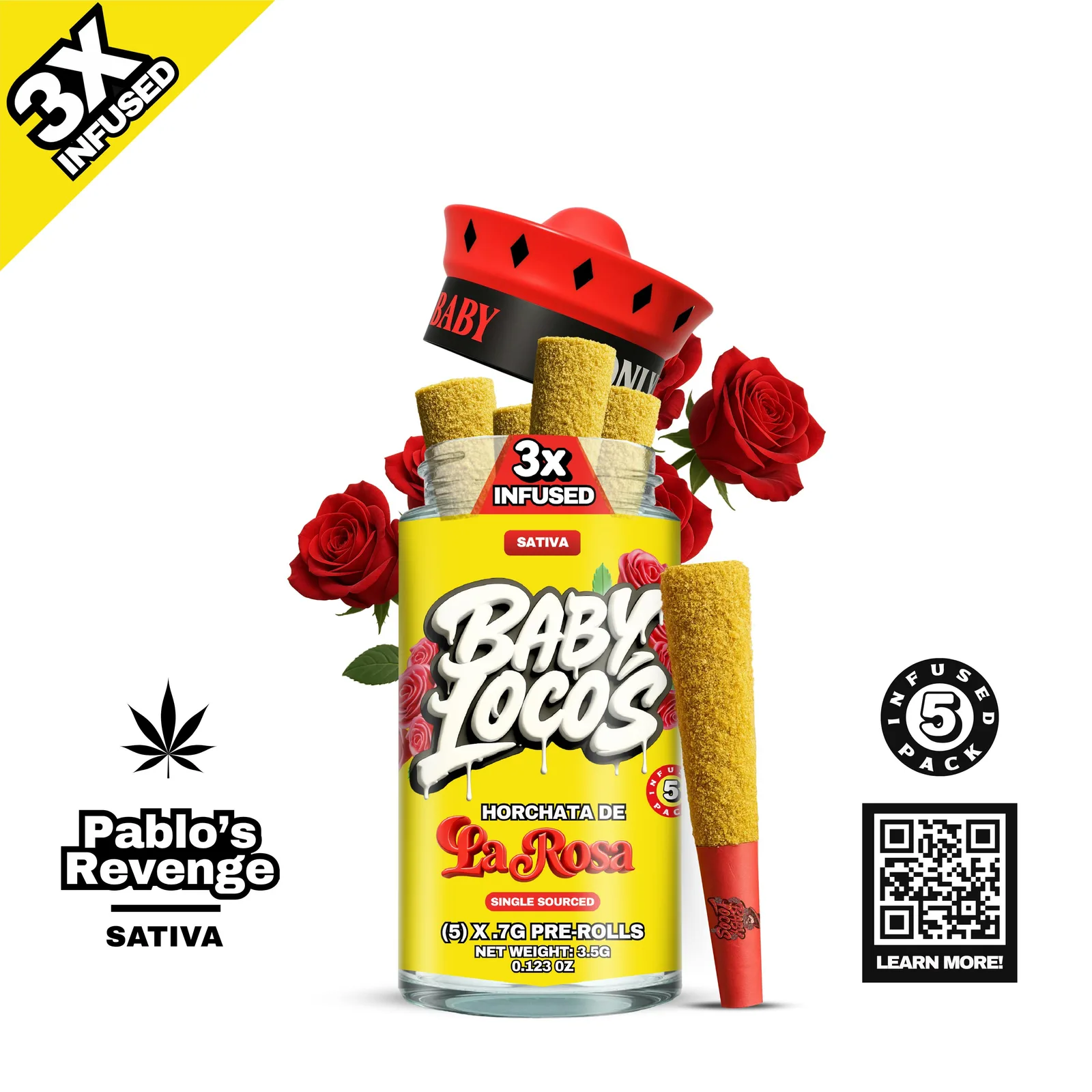 Baby Locos La Rosa 3x Infused: 5 Pack Pre-Rolls - Pablos Revenge: Sativa