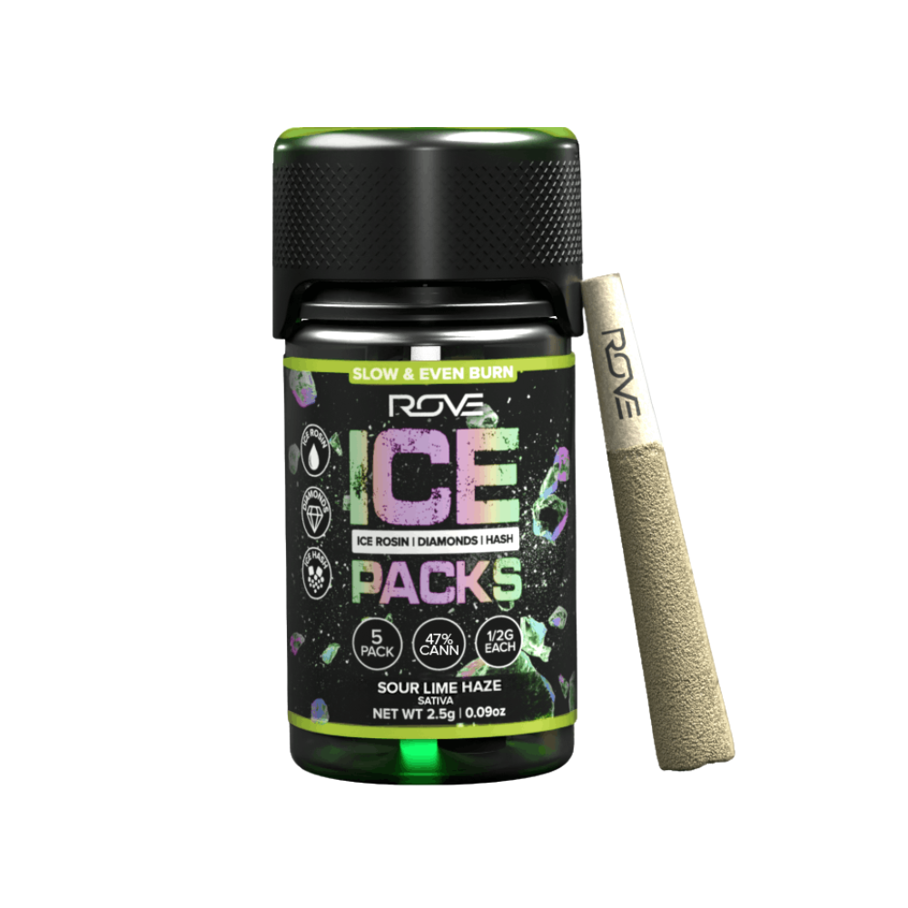 2.5g Sour Lime Haze Ice Pack Rosin, Diamond & Hash Infused Pre-Roll Pack (.5g - 5 pack) - ROVE